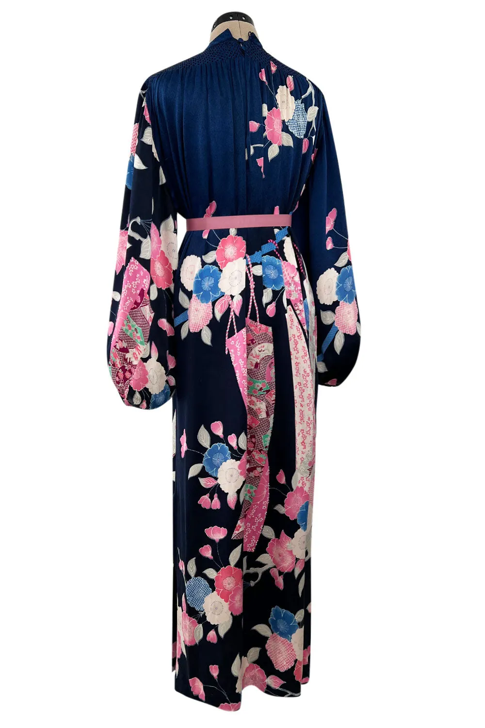 Incredible 1970s Hanae Mori Finest Possible Blue Silk Caftan Dress w Pink Floral Print