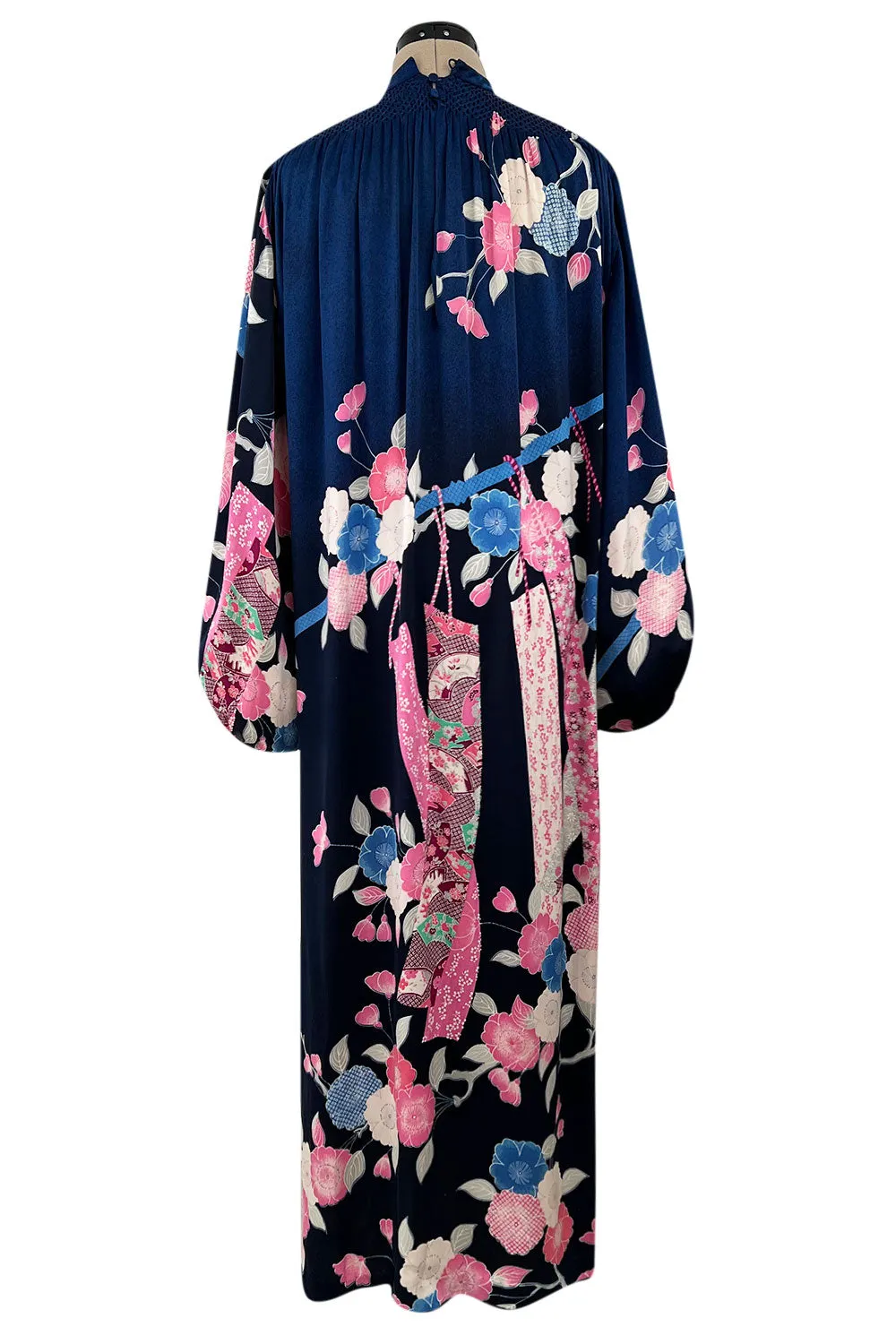 Incredible 1970s Hanae Mori Finest Possible Blue Silk Caftan Dress w Pink Floral Print