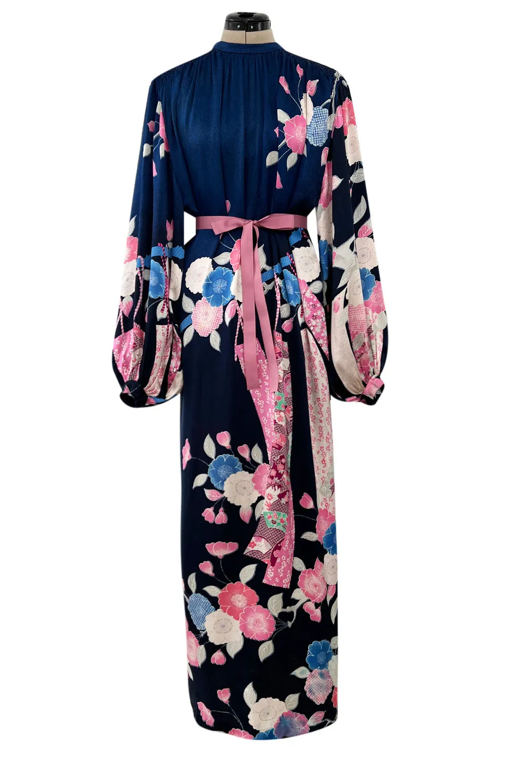 Incredible 1970s Hanae Mori Finest Possible Blue Silk Caftan Dress w Pink Floral Print