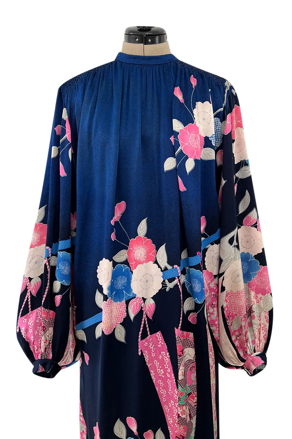 Incredible 1970s Hanae Mori Finest Possible Blue Silk Caftan Dress w Pink Floral Print