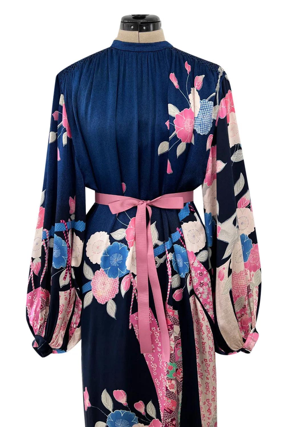 Incredible 1970s Hanae Mori Finest Possible Blue Silk Caftan Dress w Pink Floral Print