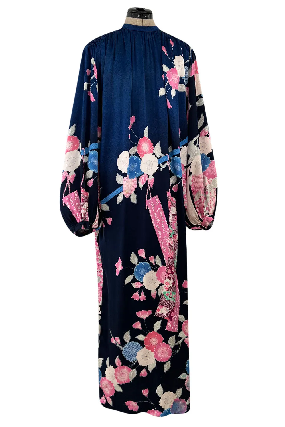 Incredible 1970s Hanae Mori Finest Possible Blue Silk Caftan Dress w Pink Floral Print