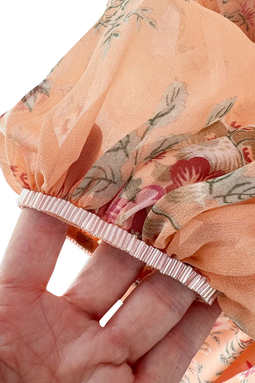 Incredible 1970s Hanae Mori Floral & Butterfly Peach Silk Chiffon Dress w Balloon Sleeves & Beading