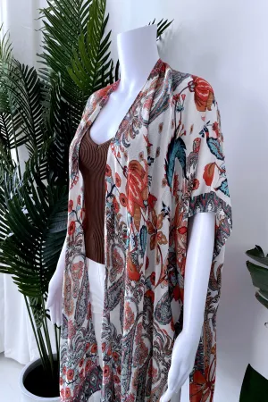 JACOBEAN MOTIF KIMONO IN TANGERINE CREAM
