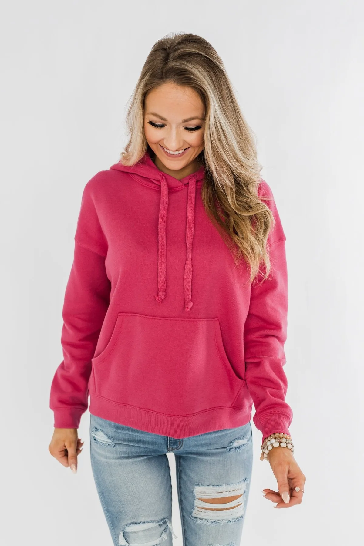 Keep It Cozy Cropped Hoodie- Hot Pink