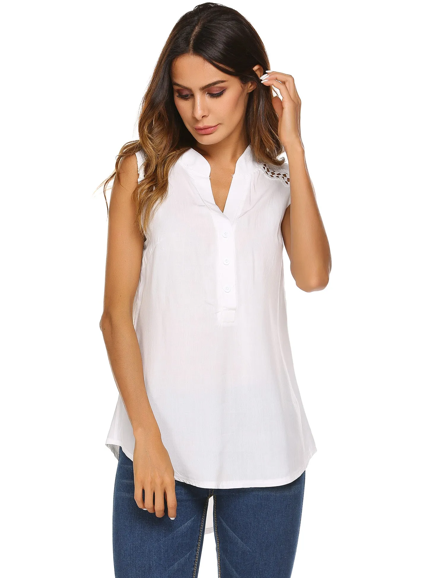 kukucco Women Loose V-Neck Sleeveless Irregular Hem Hollow Out Solid Top Blouse