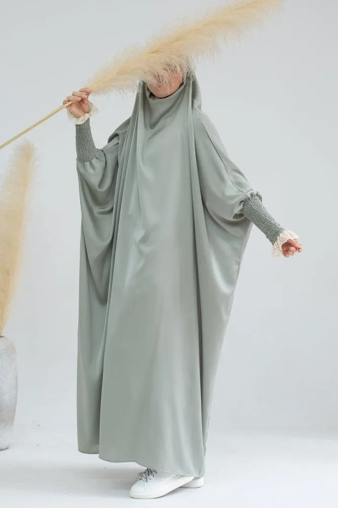 Little Gretaah prayer gown for kids in khimar style with ribbed sleeve cuff in Light green