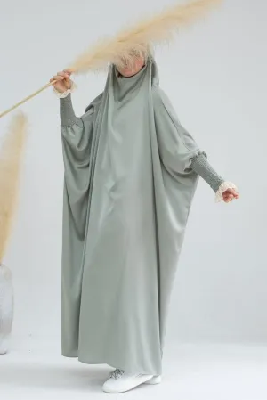 Little Gretaah prayer gown for kids in khimar style with ribbed sleeve cuff in Light green