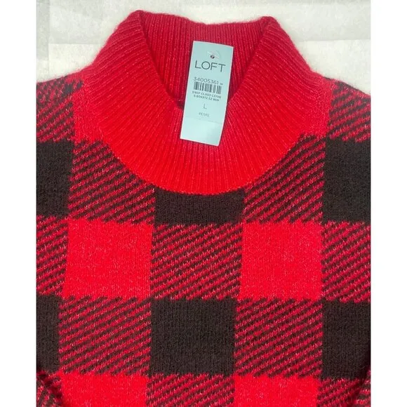 LOFT Petite Buffalo Plaid Mock Neck Tunic Sweater Large