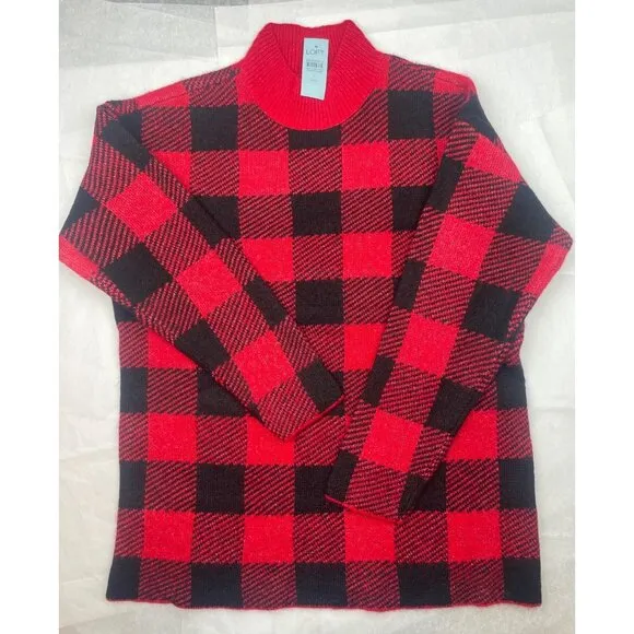 LOFT Petite Buffalo Plaid Mock Neck Tunic Sweater Large