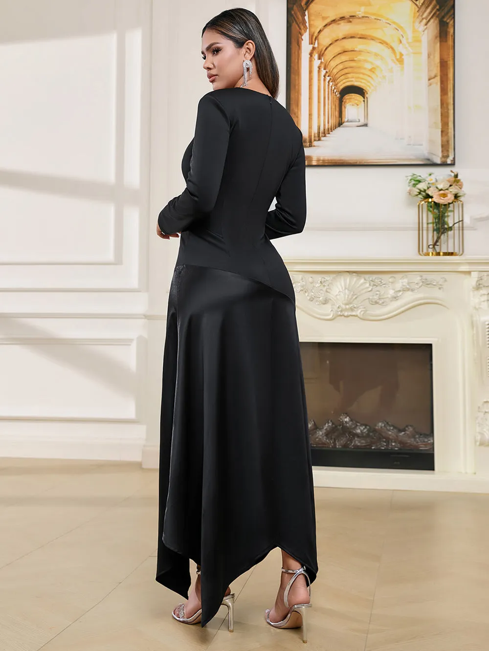 Long Sleeve Irregular Hem Maxi Bodycon Dress HB10136