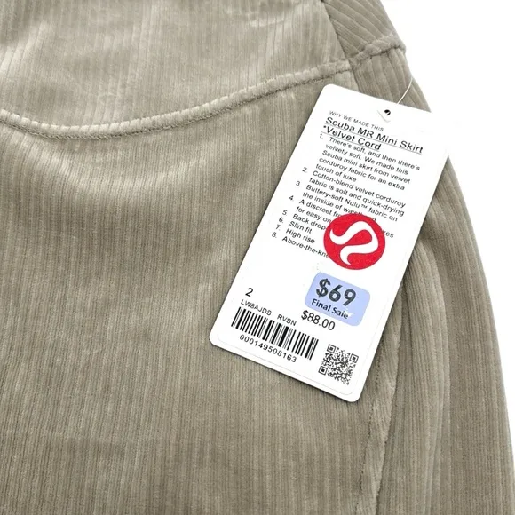 Lululemon Scuba MR Mini Skirt *Velvet Cord Size 2