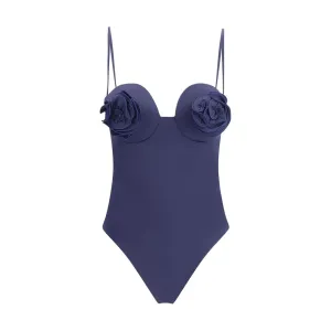 Magda Butrym Women Blue One-Piece Swimsuit Fabric Roses Embroidery Slim Swimwear