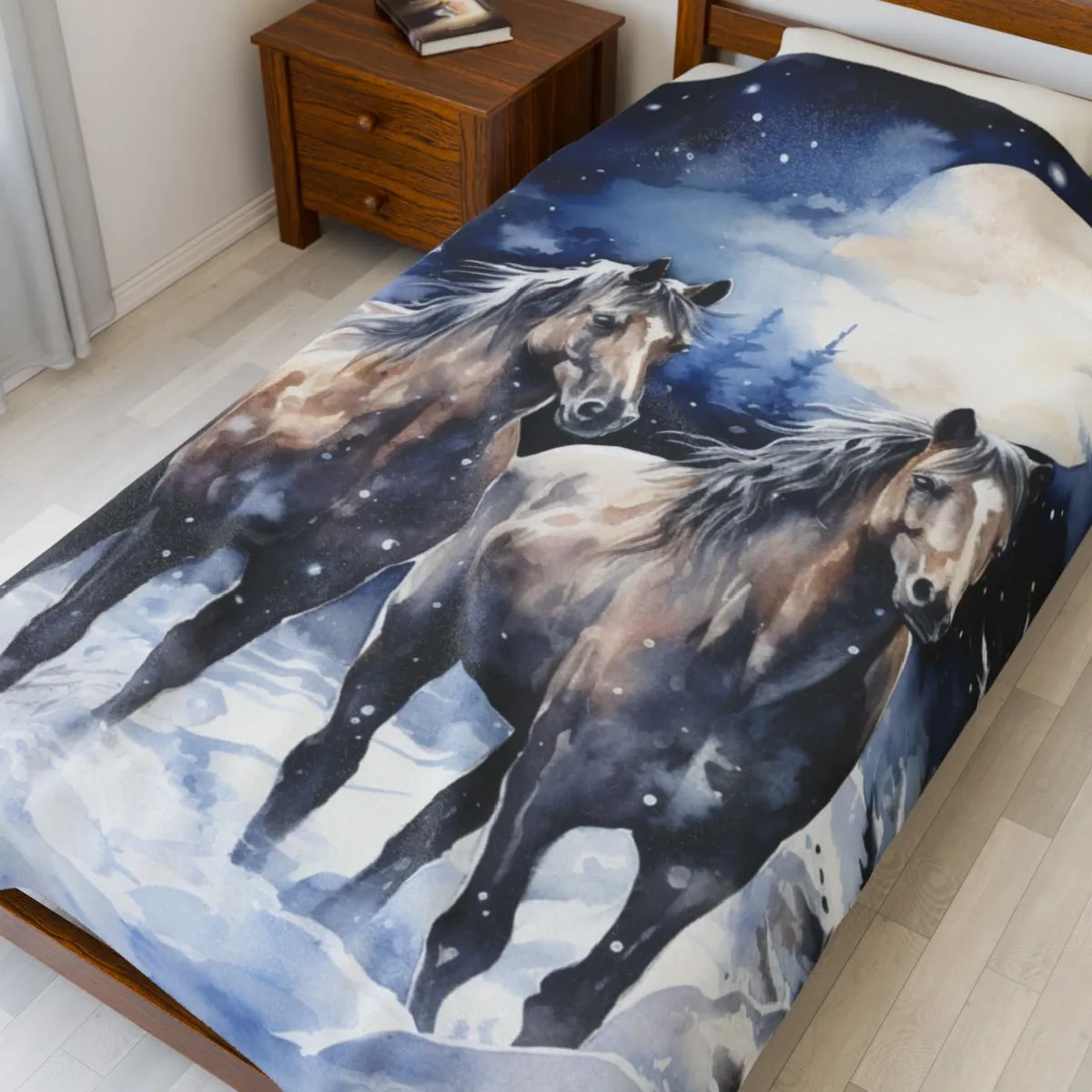 Majestic Winter Horses Velveteen Plush Blanket with Matching Tote Bag