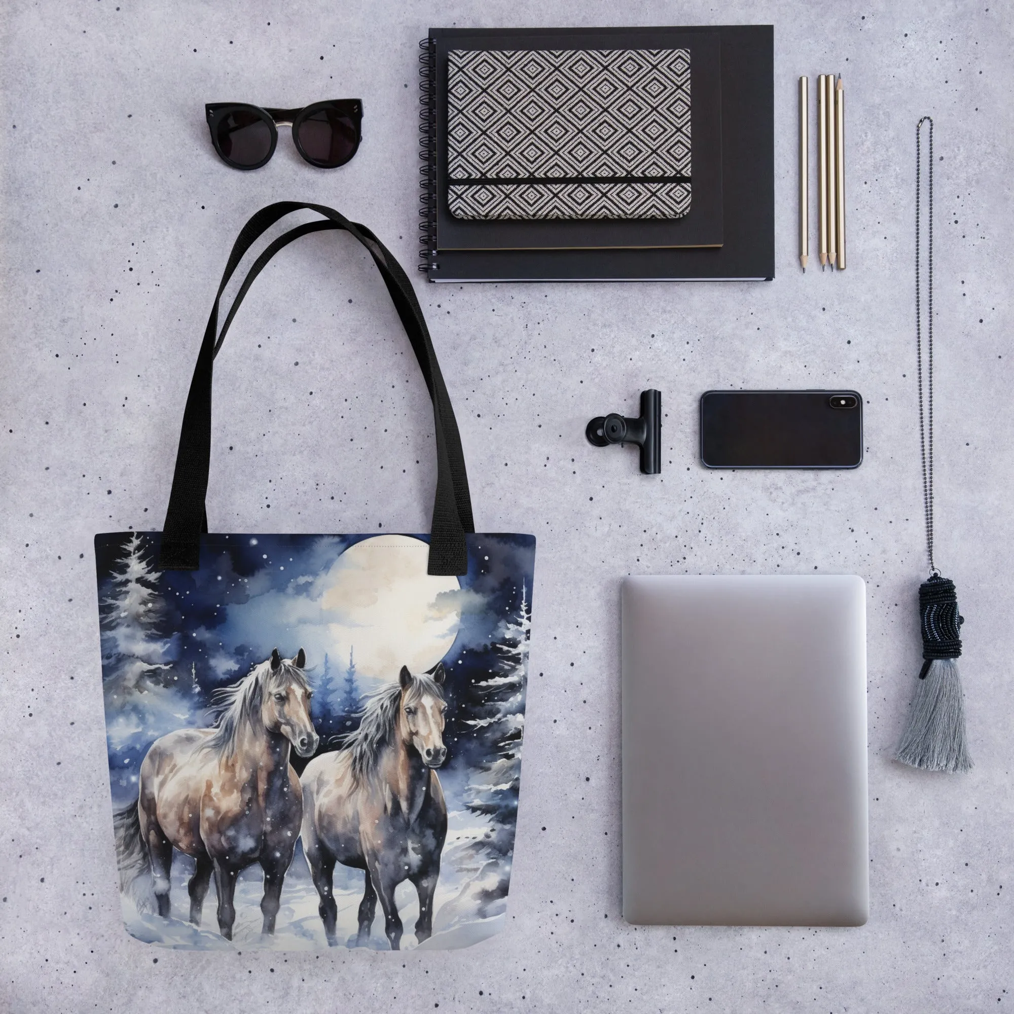 Majestic Winter Horses Velveteen Plush Blanket with Matching Tote Bag