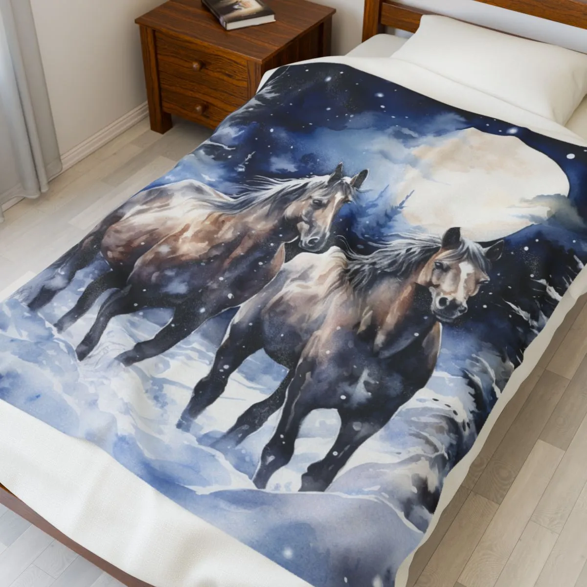 Majestic Winter Horses Velveteen Plush Blanket with Matching Tote Bag