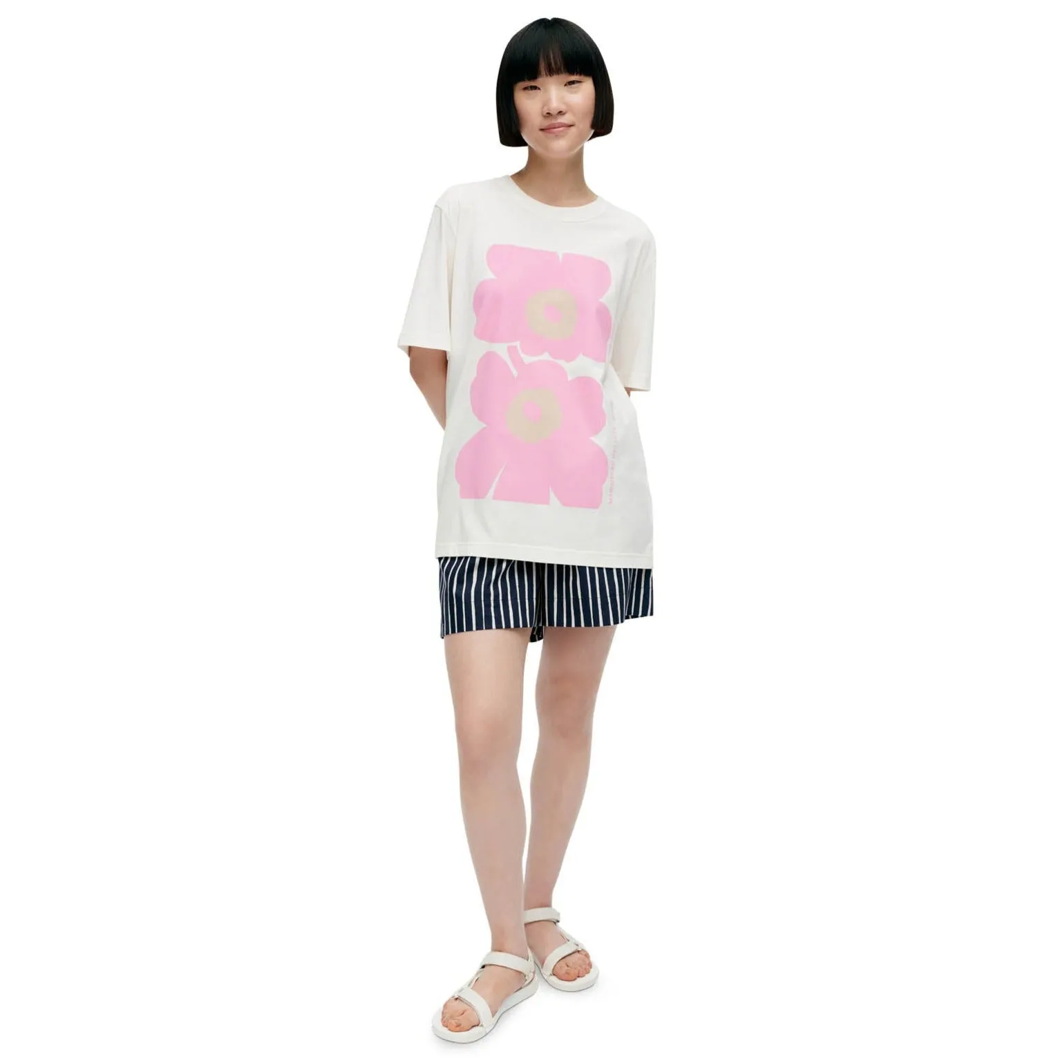 Marimekko Embla Unikko Placement Cotton Tee Shirt, White With A Pink Flower