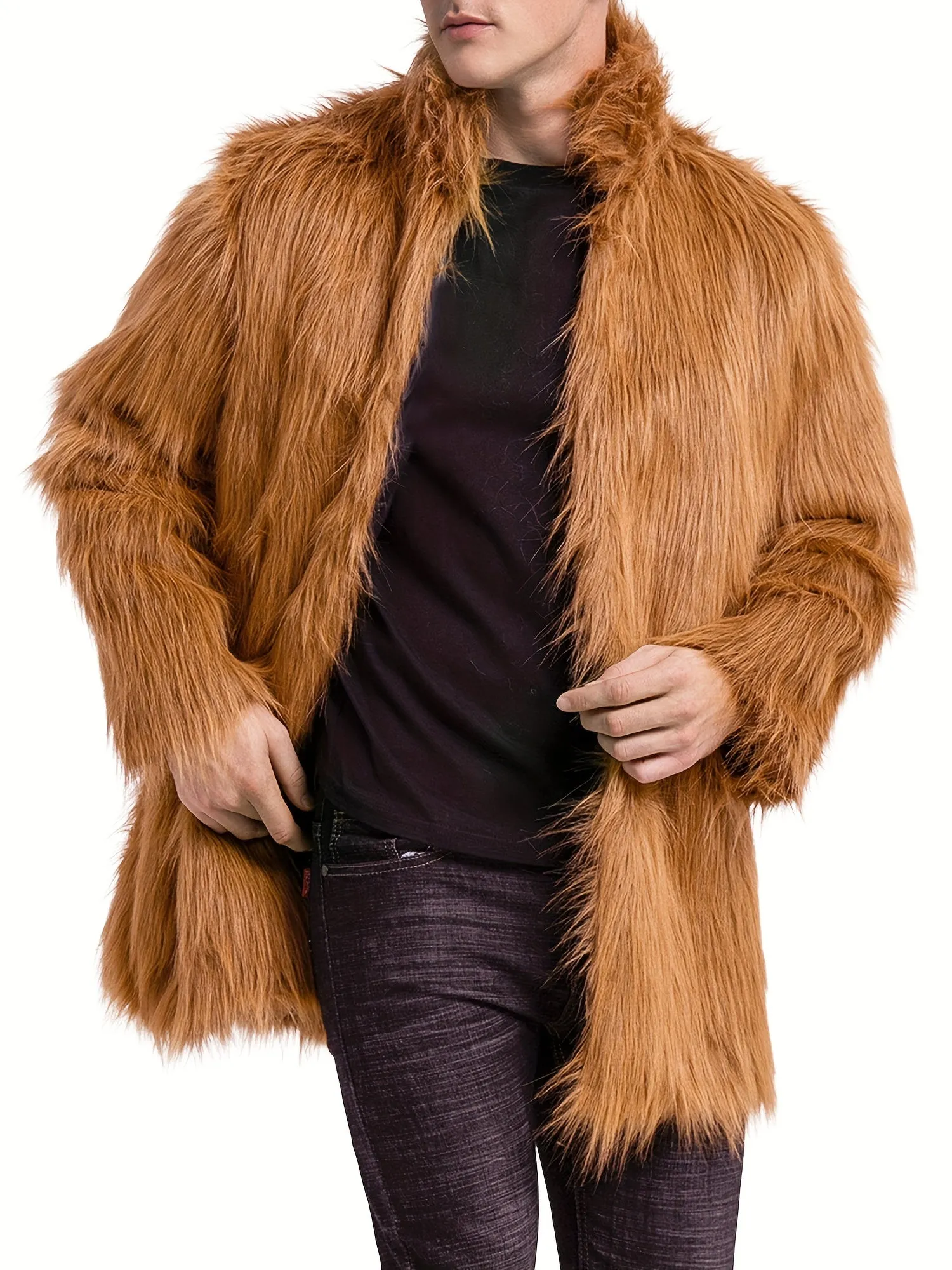 Mens Long Sleeve Faux Fur Winter Overcoat