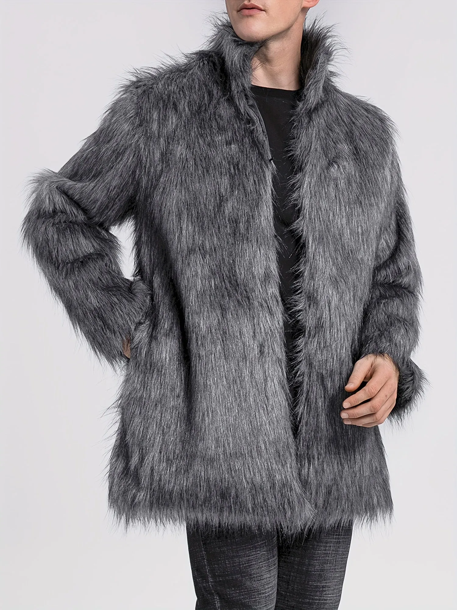 Mens Long Sleeve Faux Fur Winter Overcoat