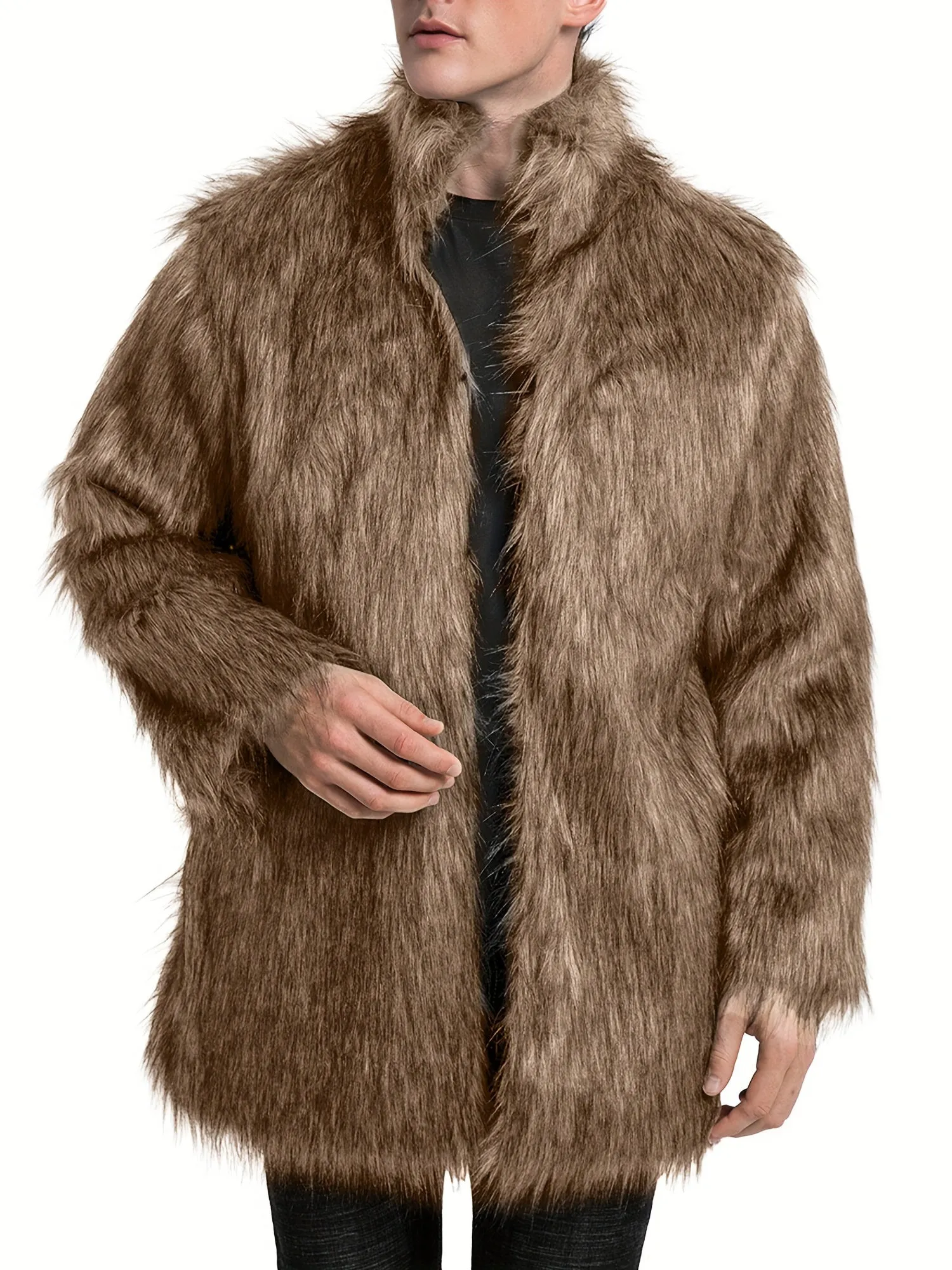 Mens Long Sleeve Faux Fur Winter Overcoat