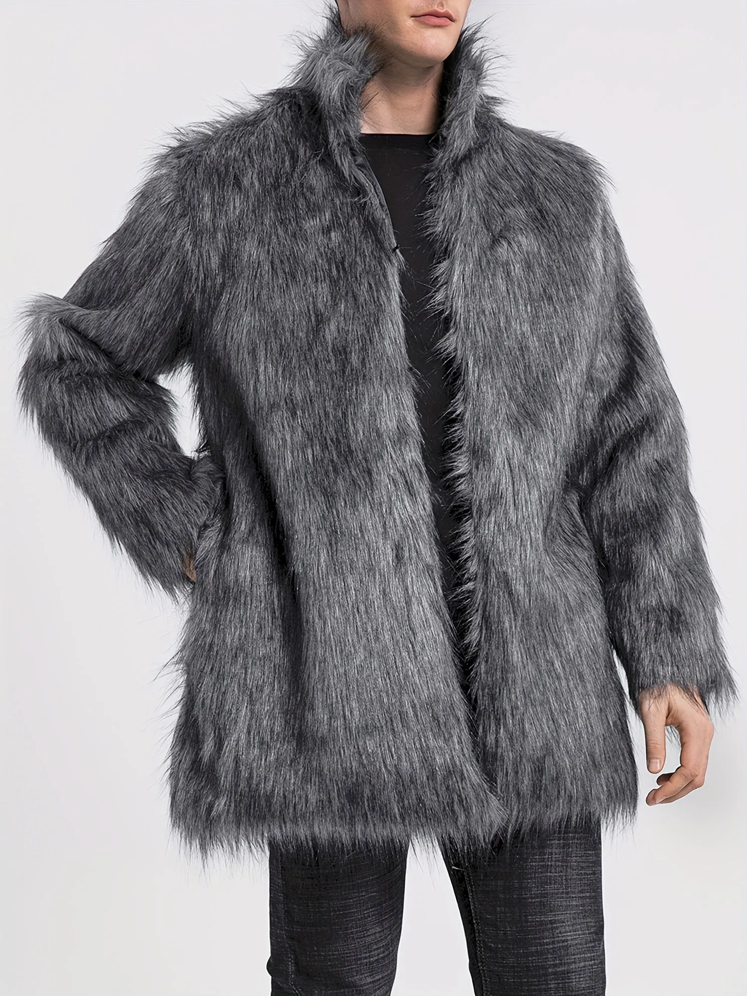 Mens Long Sleeve Faux Fur Winter Overcoat