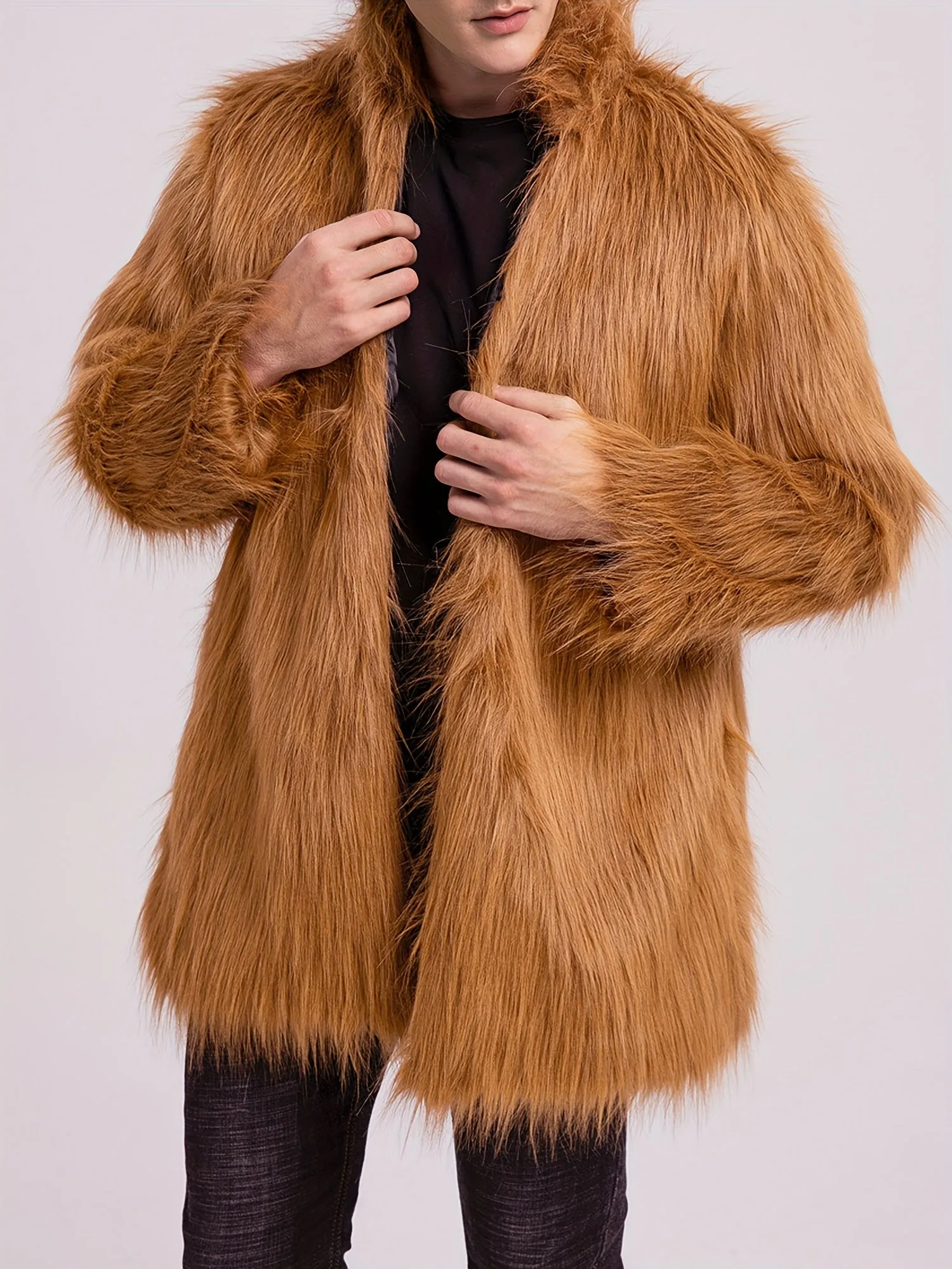 Mens Long Sleeve Faux Fur Winter Overcoat