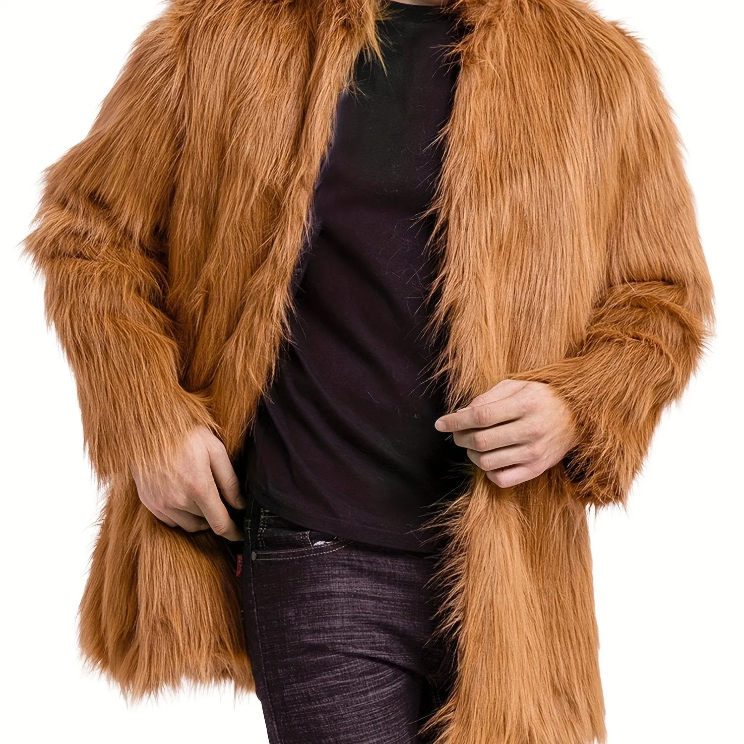 Mens Long Sleeve Faux Fur Winter Overcoat