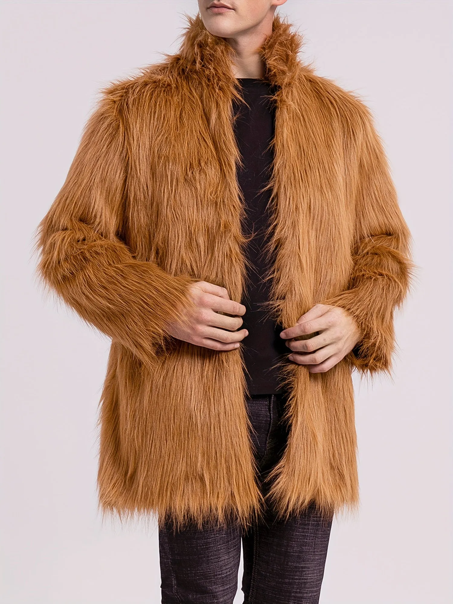 Mens Long Sleeve Faux Fur Winter Overcoat