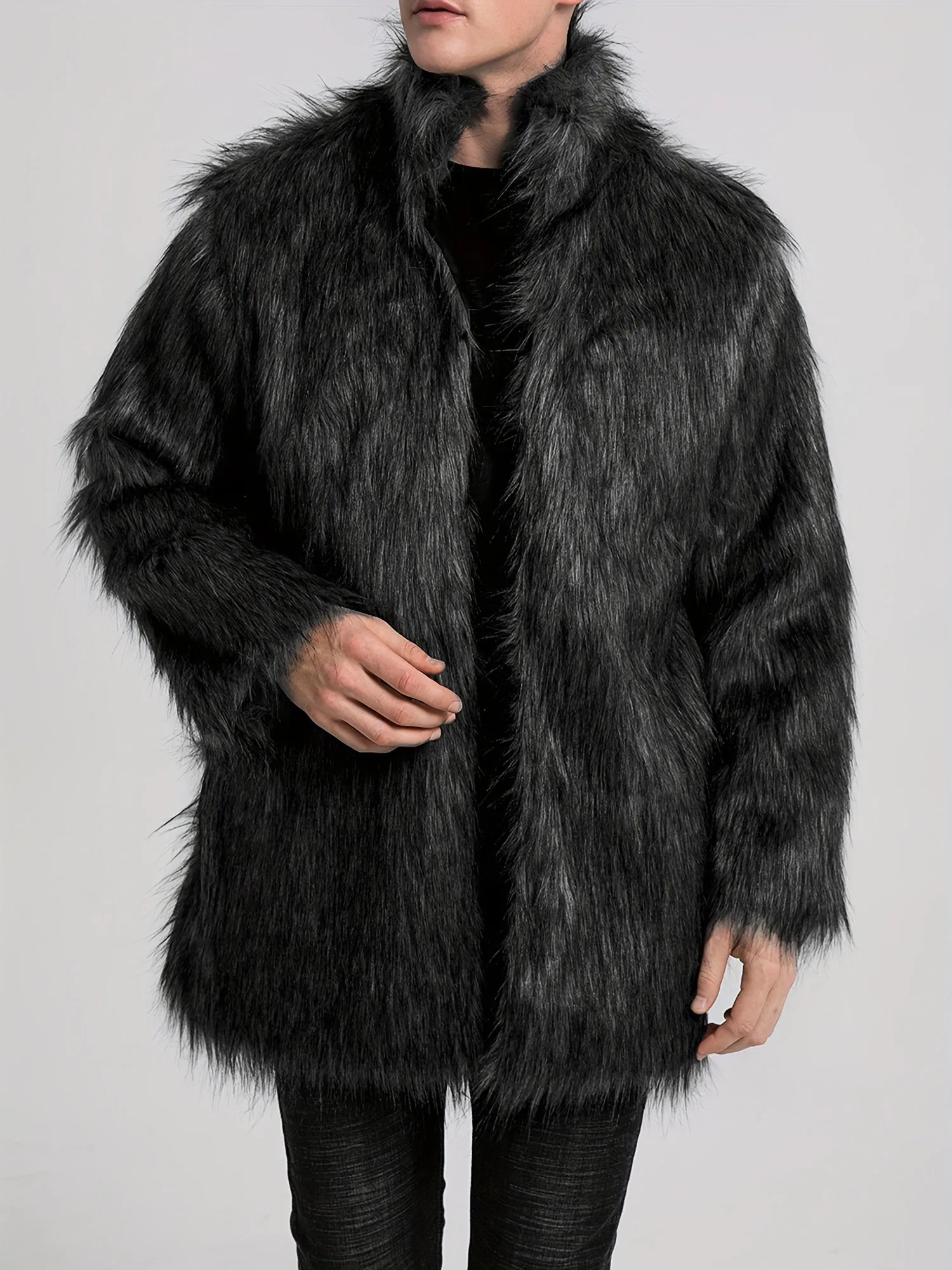 Mens Long Sleeve Faux Fur Winter Overcoat