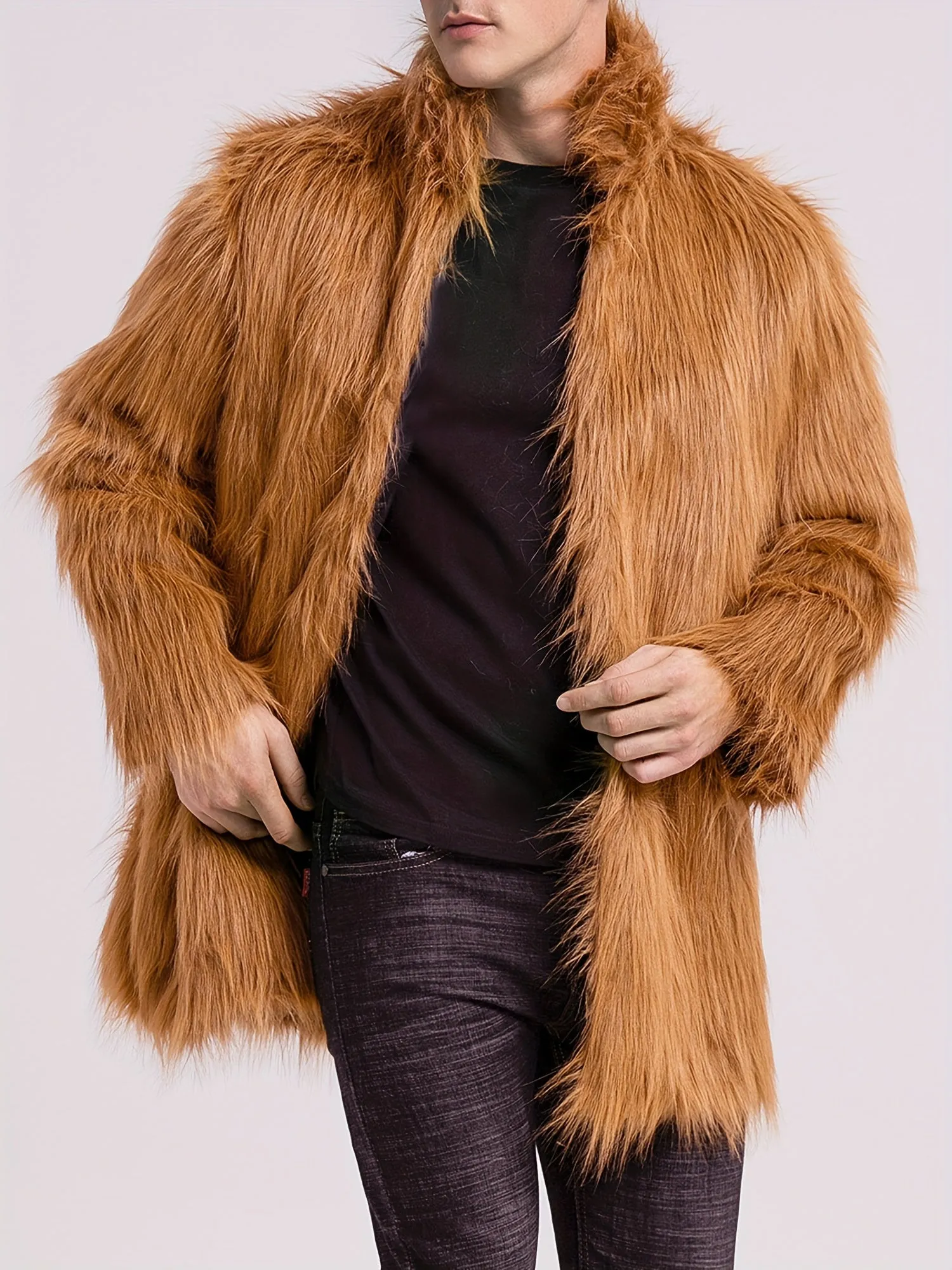 Mens Long Sleeve Faux Fur Winter Overcoat