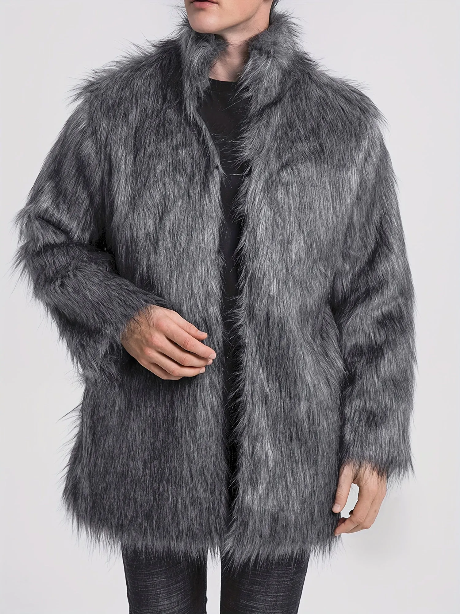Mens Long Sleeve Faux Fur Winter Overcoat