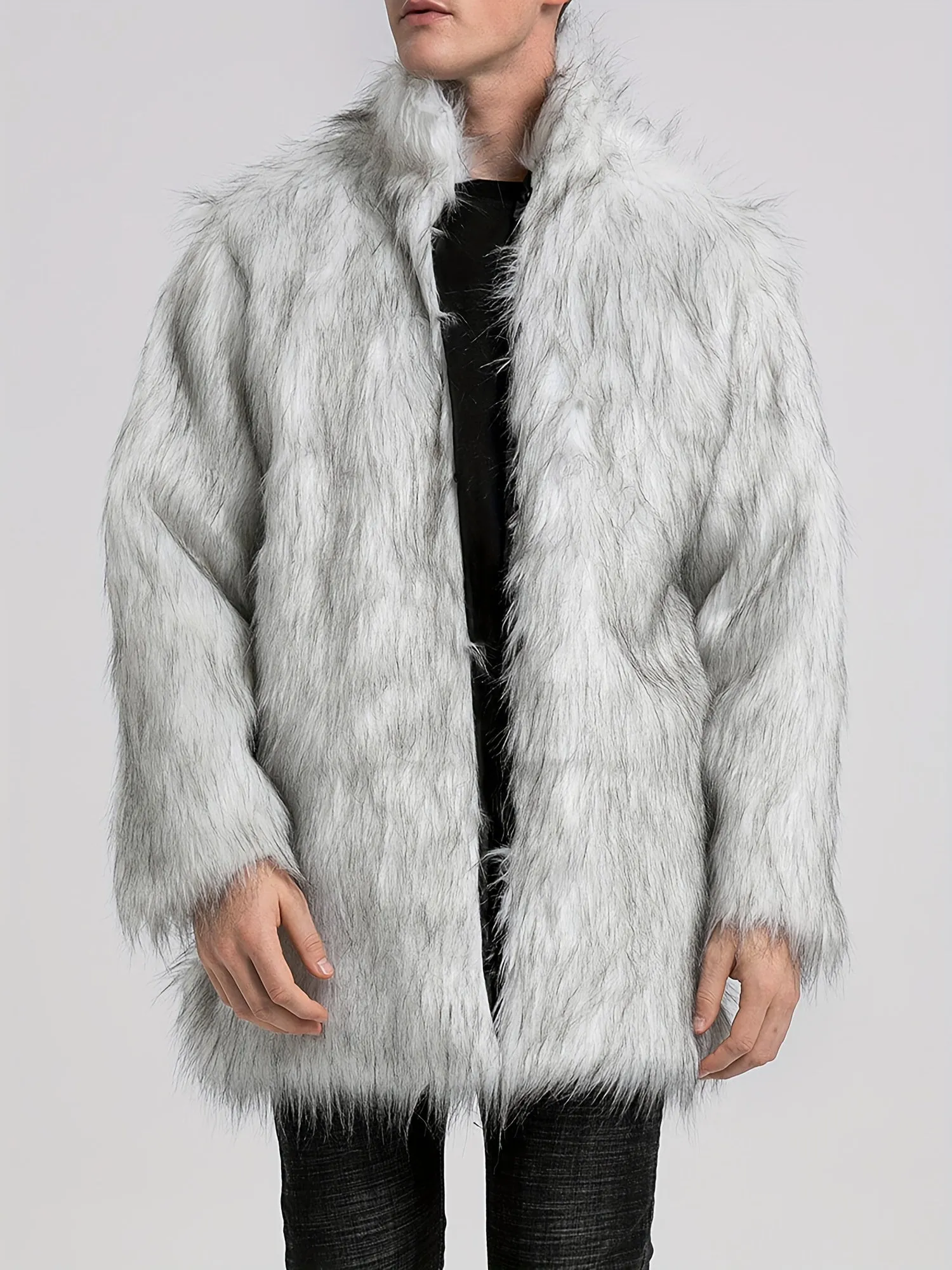 Mens Long Sleeve Faux Fur Winter Overcoat