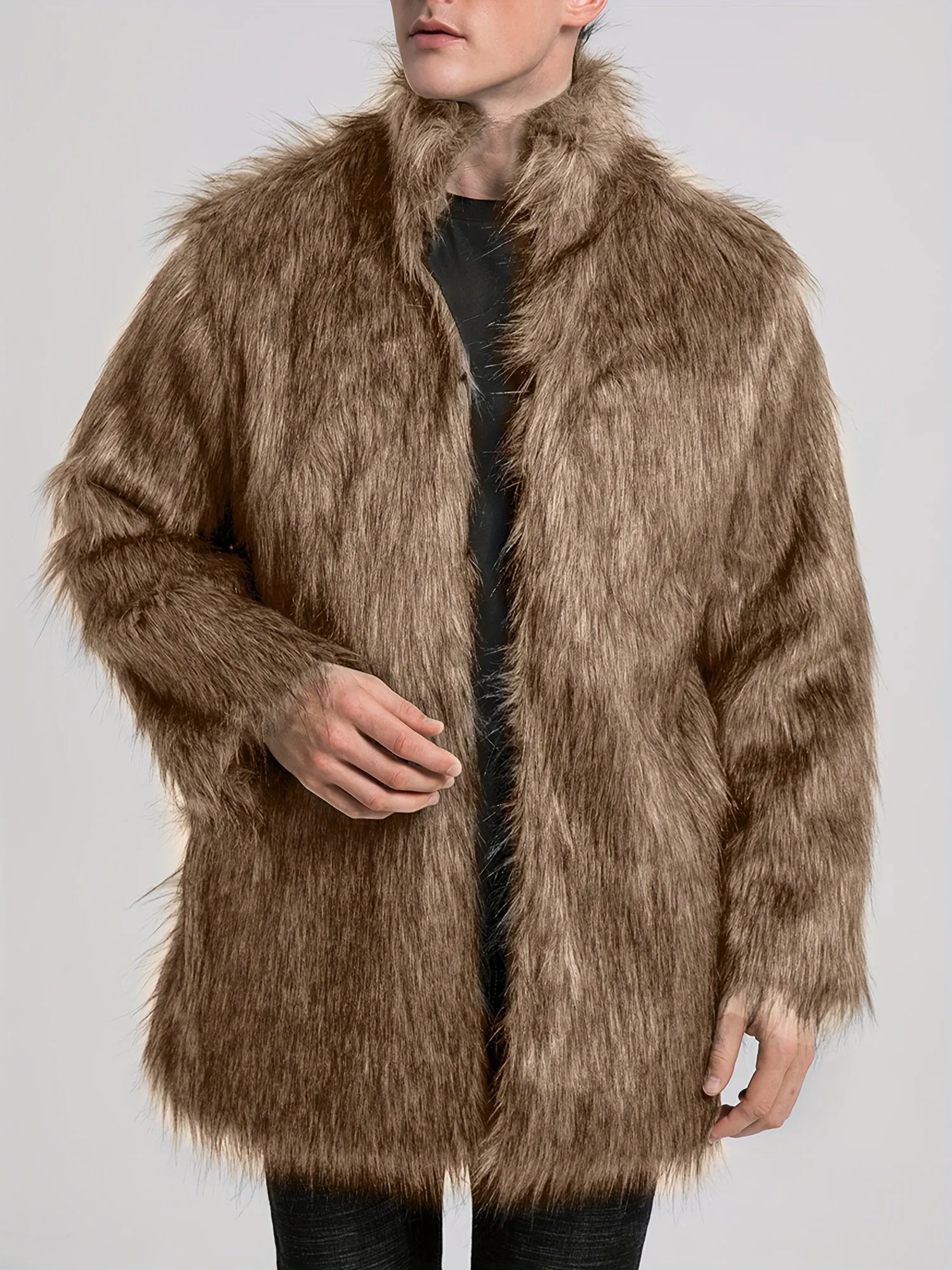 Mens Long Sleeve Faux Fur Winter Overcoat