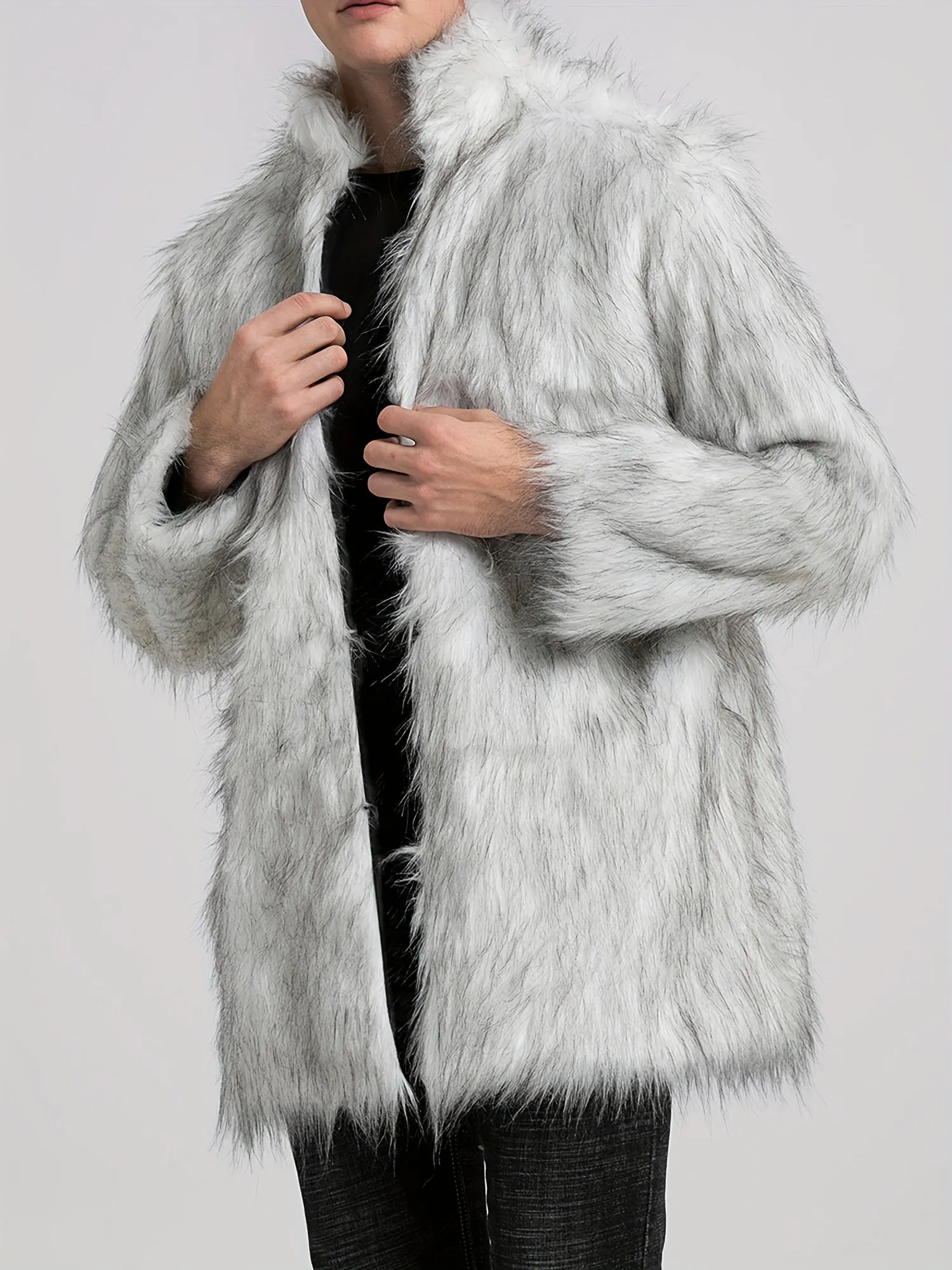 Mens Long Sleeve Faux Fur Winter Overcoat