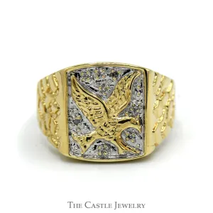 Men's Two Tone Eagle Signet Ring with Illusion Set Diamond Accents and Nugget Sides in 10k Yellow Gold
