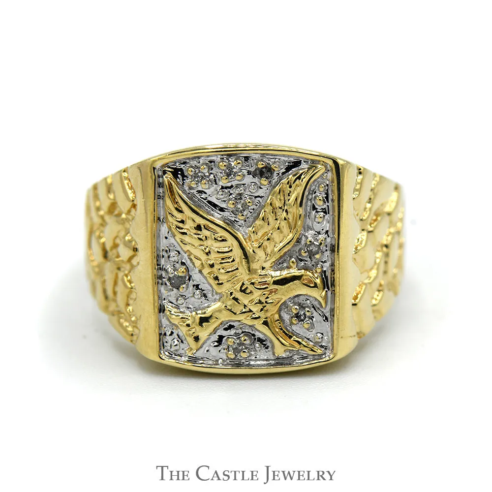Men's Two Tone Eagle Signet Ring with Illusion Set Diamond Accents and Nugget Sides in 10k Yellow Gold
