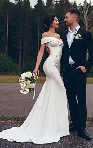 Mermaid Off-the-shoulder Satin Wedding Dress Casual Elegant Romantic Adorable Country Garden With Open Back And Short Sleeves-716780
