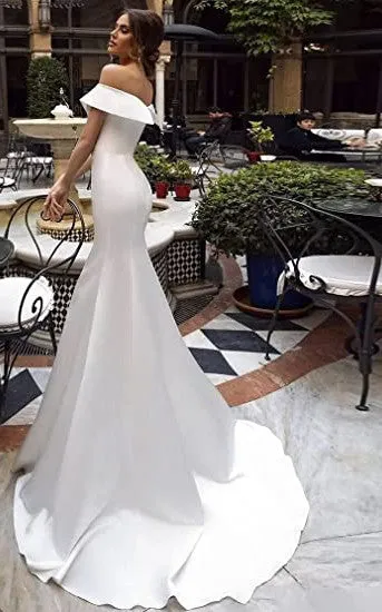 Mermaid Off-the-shoulder Satin Wedding Dress Casual Elegant Romantic Adorable Country Garden With Open Back And Short Sleeves-716780