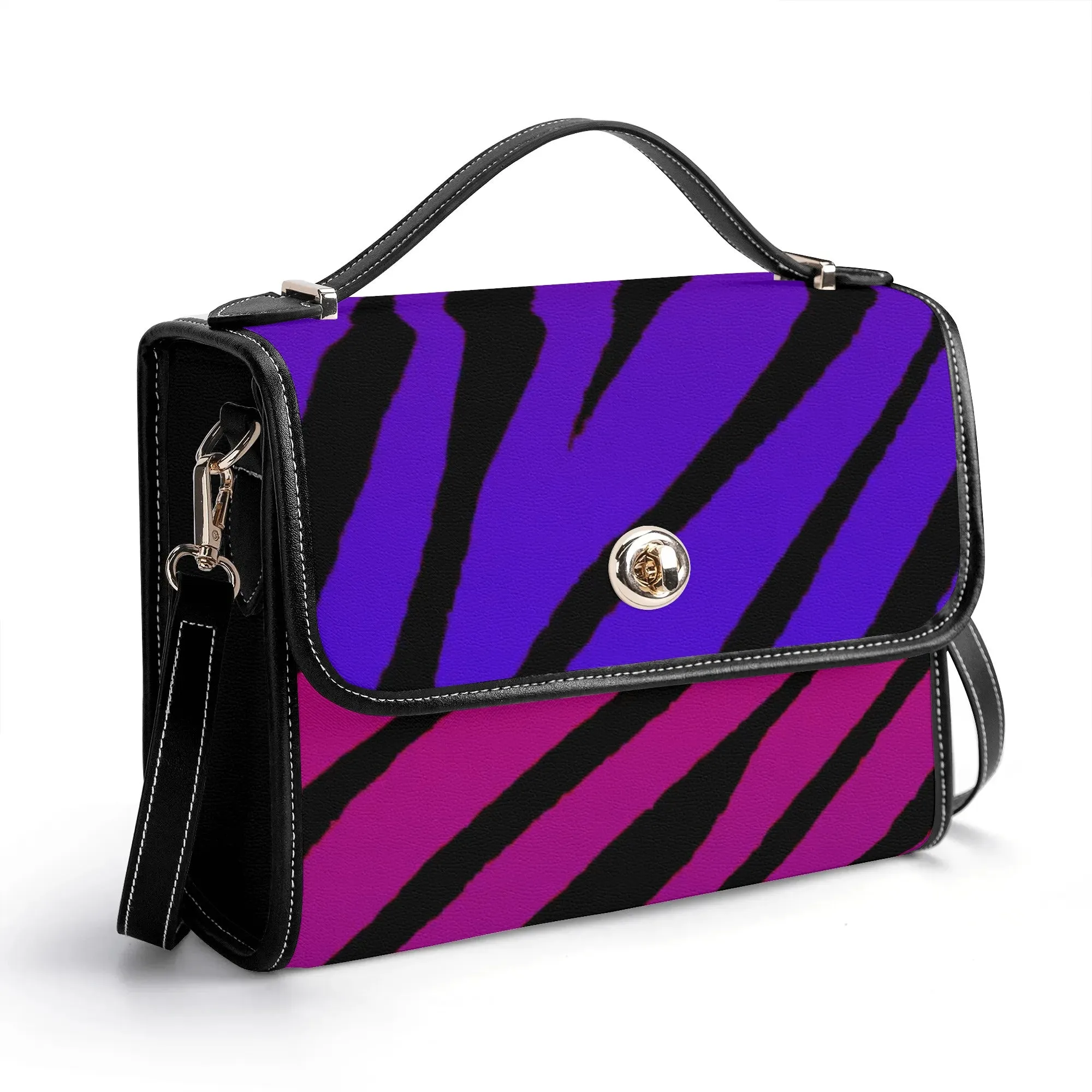 Multicolored Color Gradient Tiger Print & Black PU Leather Satchel Bag