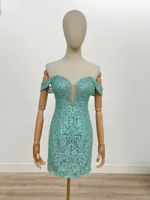 N E911 - Short Sequin Patterned Off the Shoulder Homecoming Dress with Plunging V-Neck & Sheer Under Arm