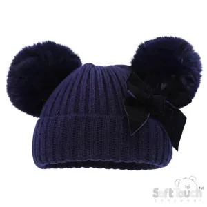 Navy Velvet Bow Pom Pom Hat