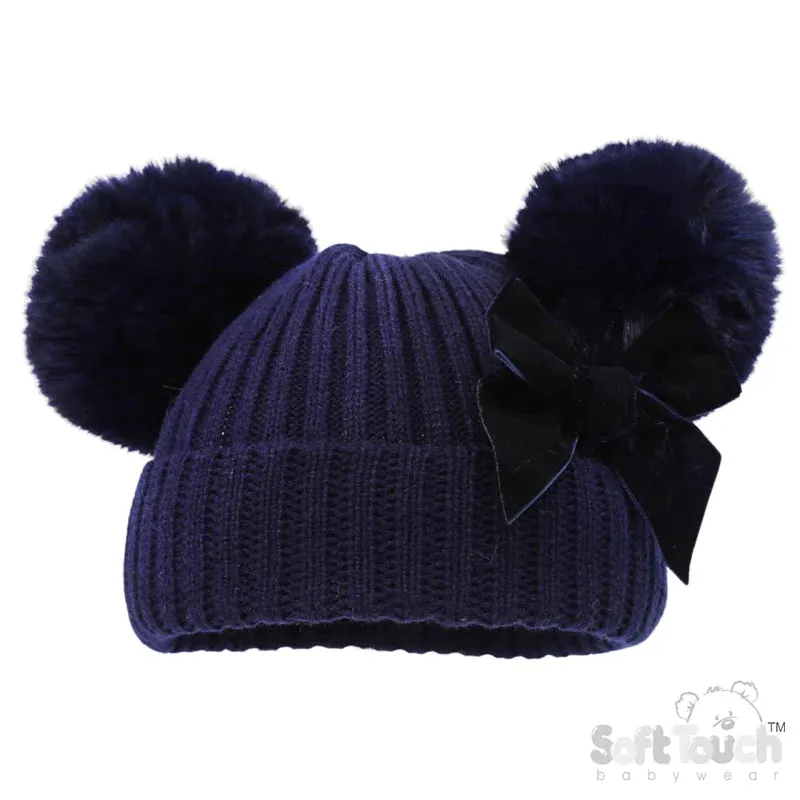 Navy Velvet Bow Pom Pom Hat