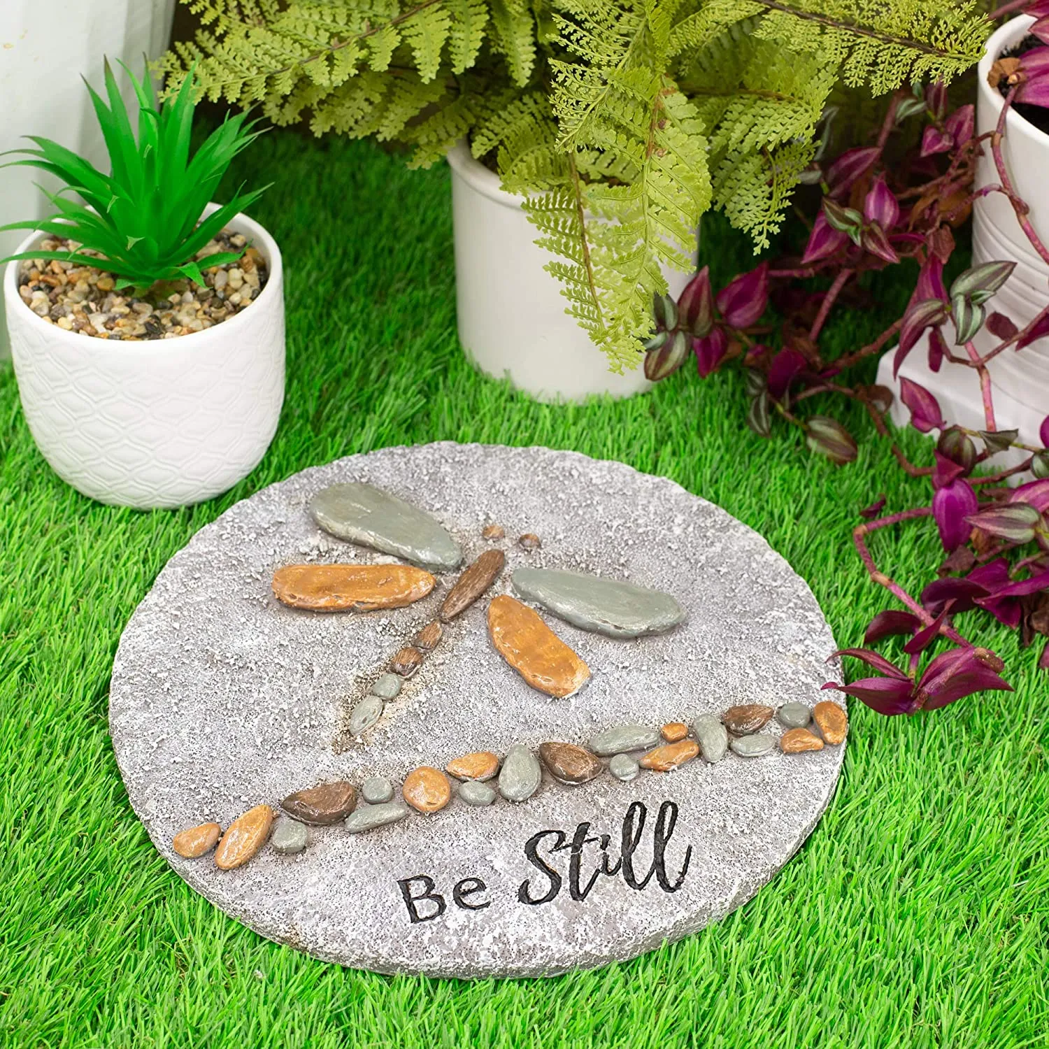 New Be Still Grey Dragonfly 12 x 12 Resin Decorative Outdoor Garden Stone