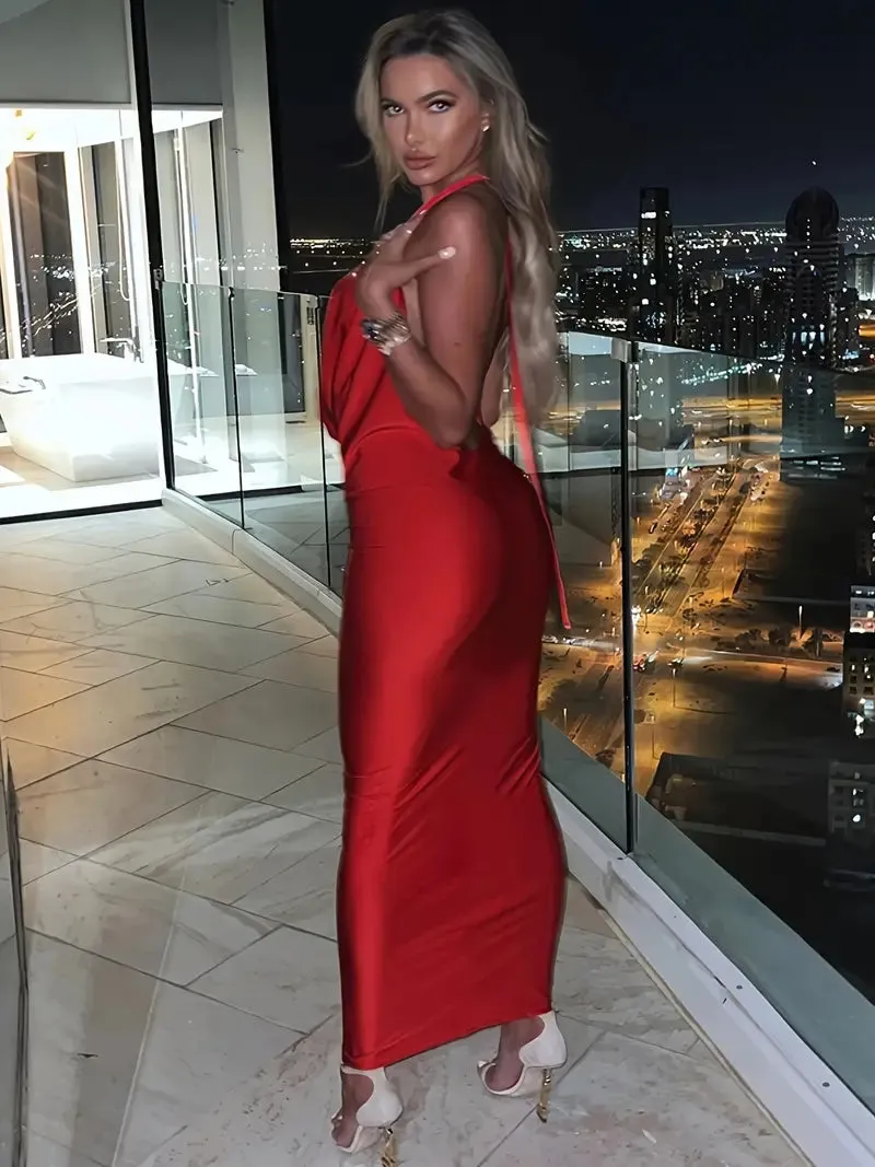 NEW Elegant Halter Neck Gown - Plunging Backless Design, Sleeveless Ankle-Length, Ideal for Glamorous Evenings - Size M