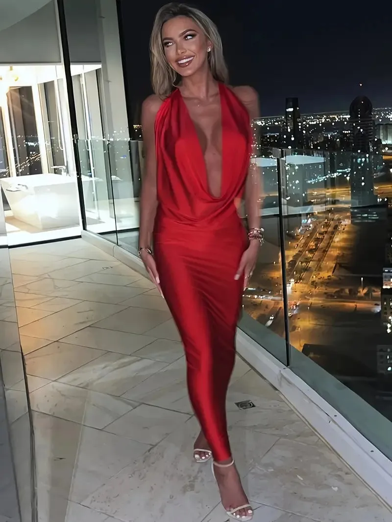 NEW Elegant Halter Neck Gown - Plunging Backless Design, Sleeveless Ankle-Length, Ideal for Glamorous Evenings - Size M
