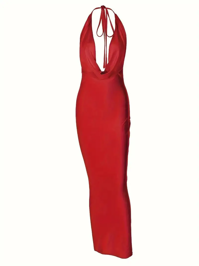 NEW Elegant Halter Neck Gown - Plunging Backless Design, Sleeveless Ankle-Length, Ideal for Glamorous Evenings - Size M