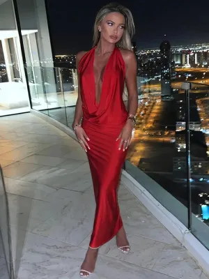 NEW Elegant Halter Neck Gown - Plunging Backless Design, Sleeveless Ankle-Length, Ideal for Glamorous Evenings - Size M
