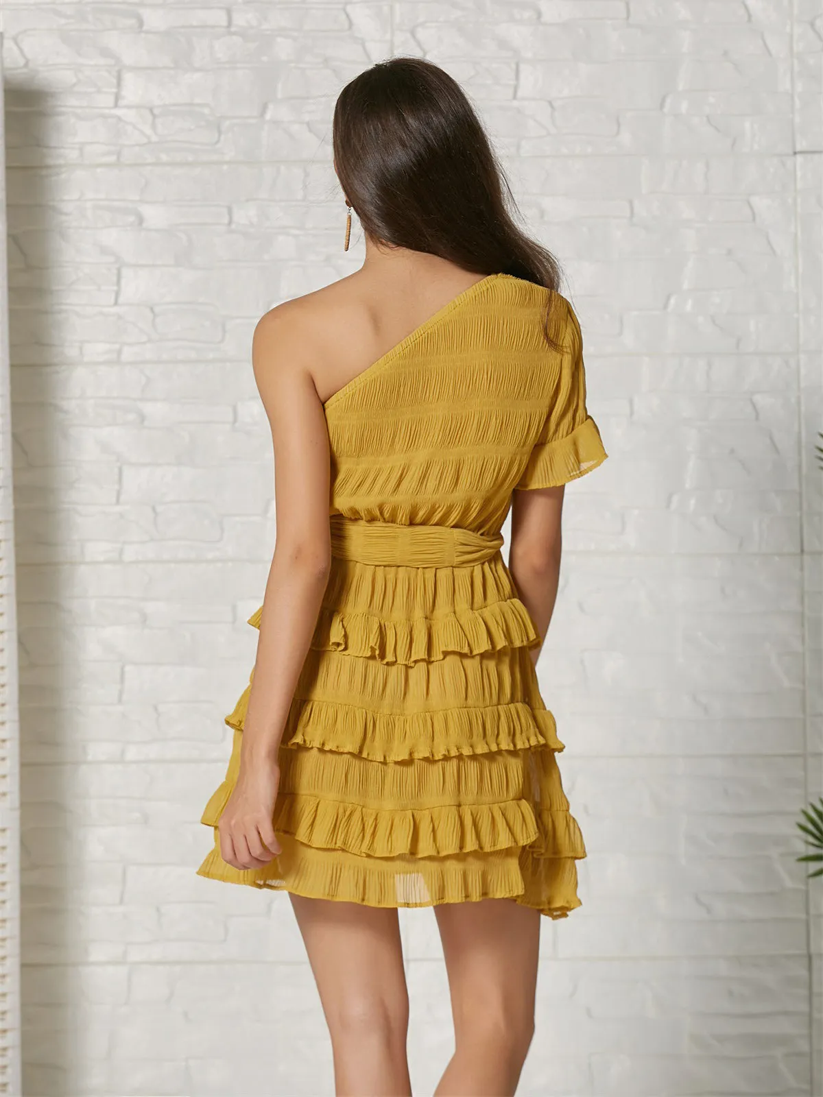 New Solid Color Slanted Ruffled Cake Dress