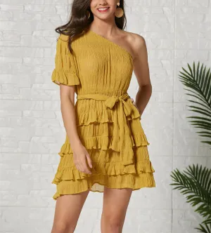 New Solid Color Slanted Ruffled Cake Dress