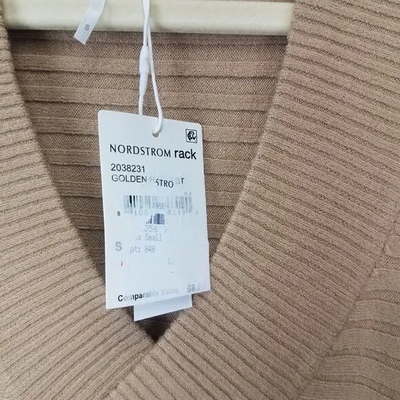 NEW Stitchdrop S Ribbed Knit V-neck Pullover Sweater in Golden Brown Harvest